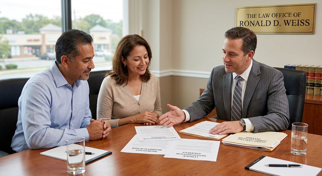 A couple discussing over legal documents to a well-dressed representative for the law office of Ronald D. Weiss